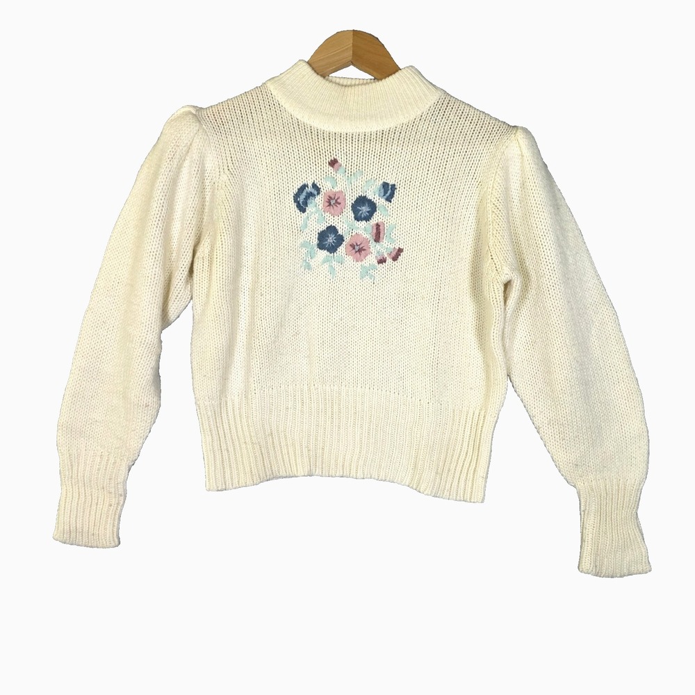Vtg 80s Embroidered Floral Sweater Mock Neck Cream Cottagecore Puff Sleeve Med